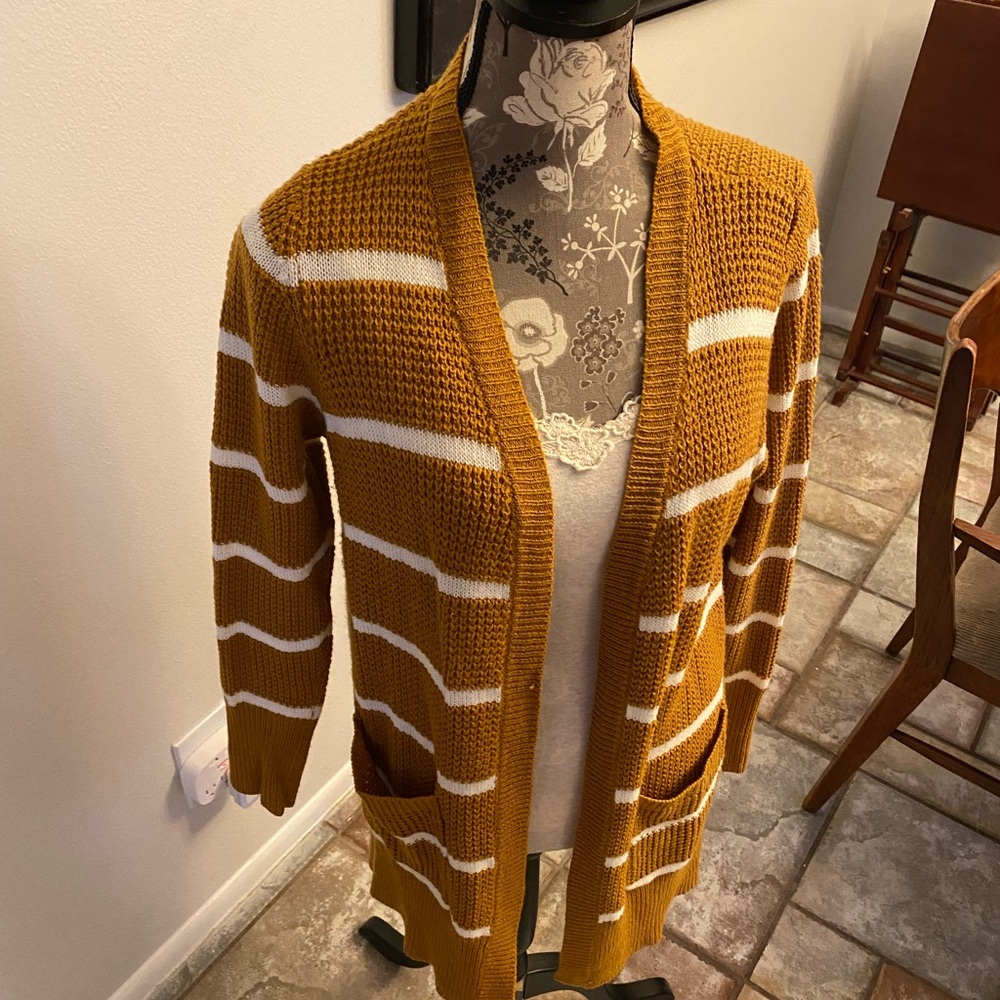 Moondance, 1X, mustard and white stripe cardigan, unkwown materials, gently used